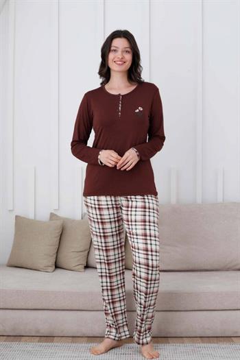 Ekoseli Kadın Pijama Takımı - Kahverengi Nakışlı Likralı Uzun Kollu 2834UY