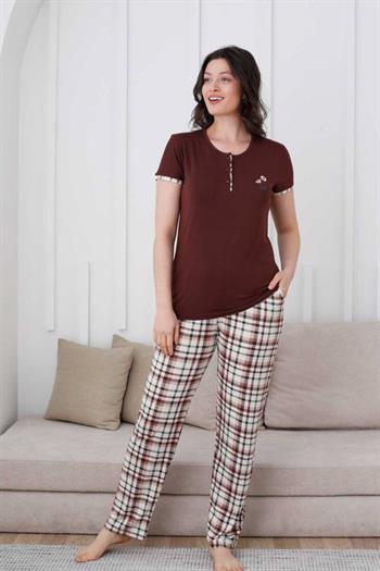 Ekoseli Kadın Pijama Takımı - Kahverengi Nakışlı Likralı Kısa Kollu 2834KY