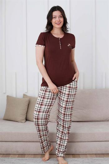 Ekoseli Kadın Pijama Takımı - Kahverengi Nakışlı Likralı Kısa Kollu 2834KY