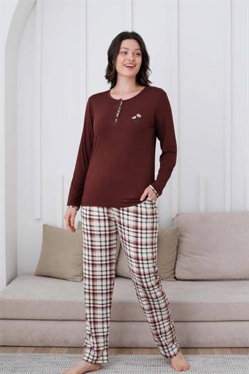 Ekoseli Kadın Pijama Takımı - Kahverengi Nakışlı Likralı Uzun Kollu 2834UY