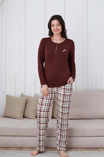 Ekoseli Kadın Pijama Takımı - Kahverengi Nakışlı Likralı Uzun Kollu 2834UY
