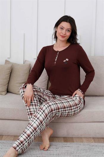 Ekoseli Kadın Pijama Takımı - Kahverengi Nakışlı Likralı Uzun Kollu 2834UY