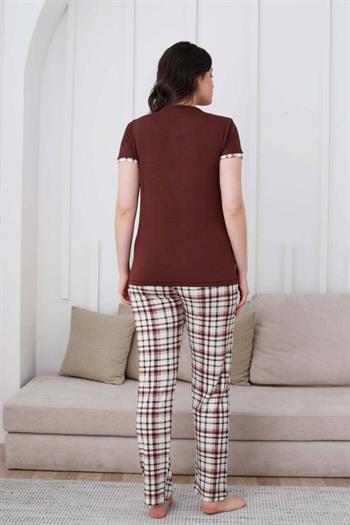 Ekoseli Kadın Pijama Takımı - Kahverengi Nakışlı Likralı Kısa Kollu 2834KY