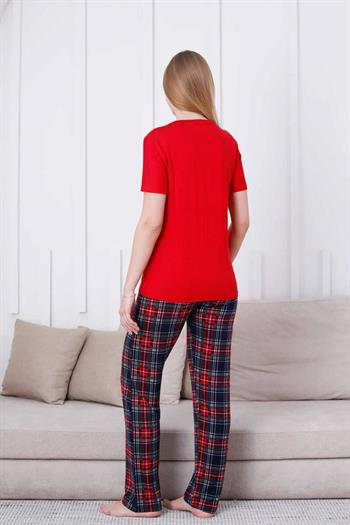 Ekoseli Kadın Pijama Takımı - Kırmızı  Kareli Nakışlı Likralı Viskon Kısa Kol 2835KY