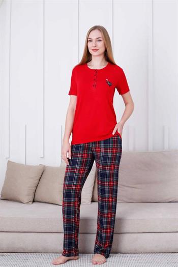 Ekoseli Kadın Pijama Takımı - Kırmızı  Kareli Nakışlı Likralı Viskon Kısa Kol 2835KY