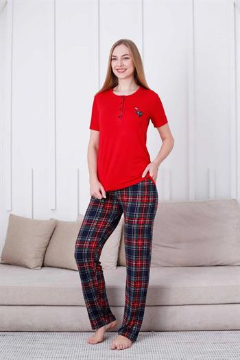 Ekoseli Kadın Pijama Takımı - Kırmızı  Kareli Nakışlı Likralı Viskon Kısa Kol 2835KY