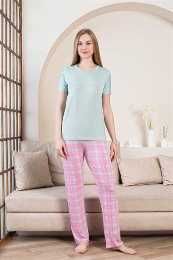 Ekoseli Kadın Pijama Takımı - Perfectly Yeşil Kısa Kollu Likralı Bambu 2856KY