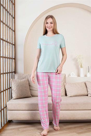 Ekoseli Kadın Pijama Takımı - Perfectly Yeşil Kısa Kollu Likralı Bambu 2856KY