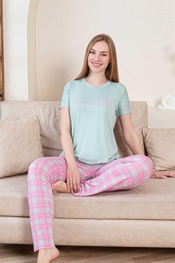 Ekoseli Kadın Pijama Takımı - Perfectly Yeşil Kısa Kollu Likralı Bambu 2856KY