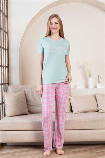 Ekoseli Kadın Pijama Takımı - Perfectly Yeşil Kısa Kollu Likralı Bambu 2856KY