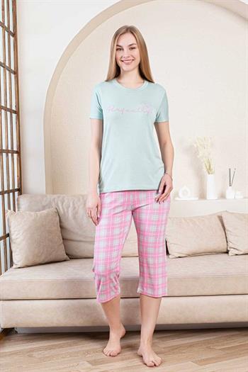 Ekoseli Kadın Pijama Takımı - Perfectly Yeşil Kapri Likralı Bambu 2856B