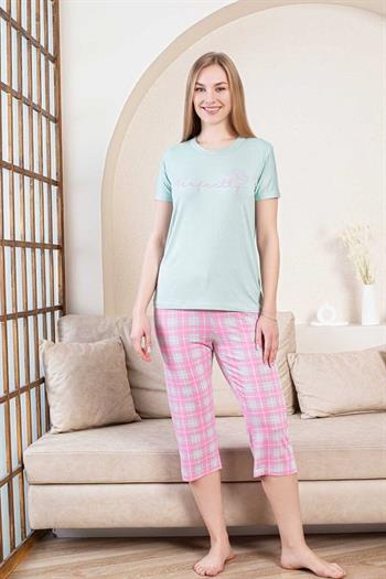 Ekoseli Kadın Pijama Takımı - Perfectly Yeşil Kapri Likralı Bambu 2856B