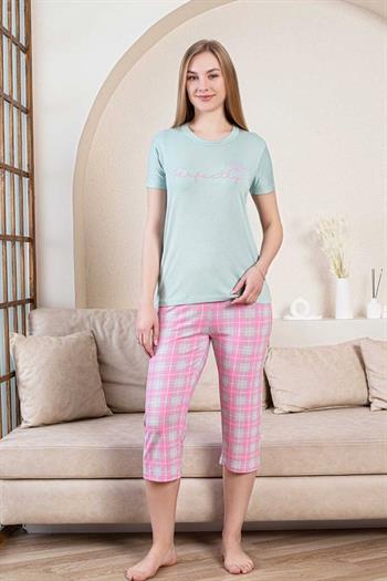 Ekoseli Kadın Pijama Takımı - Perfectly Yeşil Kapri Likralı Bambu 2856B