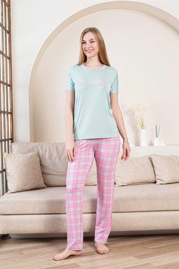 Ekoseli Kadın Pijama Takımı - Perfectly Yeşil Kısa Kollu Likralı Bambu 2856KY