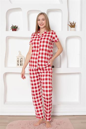 Ekoseli Önden Düğmeli Kadın Pijama Takımı - Kırmızı Kısa Kollu Penye 2793KY