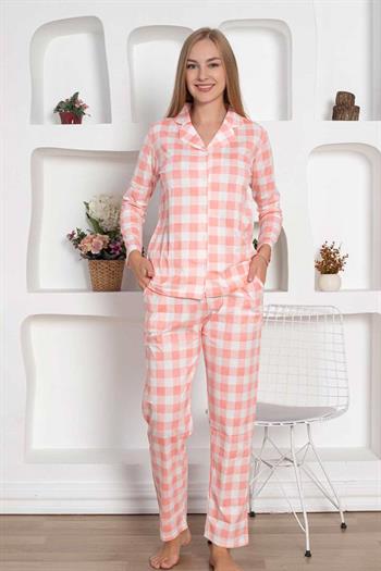 Ekoseli Önden Düğmeli Kadın Pijama Takımı - Pembe Uzun Kollu Penye 2793UY
