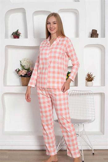 Ekoseli Önden Düğmeli Kadın Pijama Takımı - Pembe Uzun Kollu Penye 2793UY