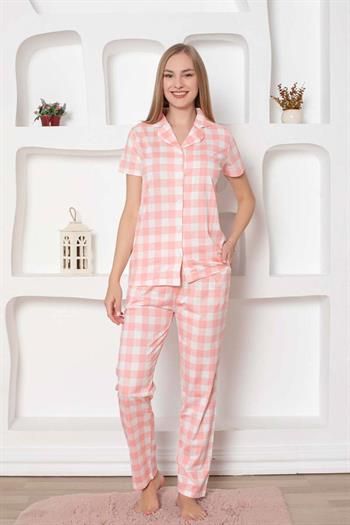 Ekoseli Önden Düğmeli Kadın Pijama Takımı - Pembe Kısa Kollu Penye 2793KY