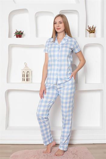 Ekoseli Önden Düğmeli Kadın Pijama Takımı - Mavi Kısa Kollu Penye 2793KY
