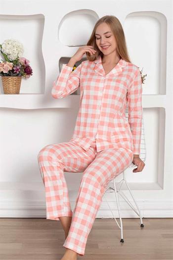 Ekoseli Önden Düğmeli Kadın Pijama Takımı - Pembe Uzun Kollu Penye 2793UY
