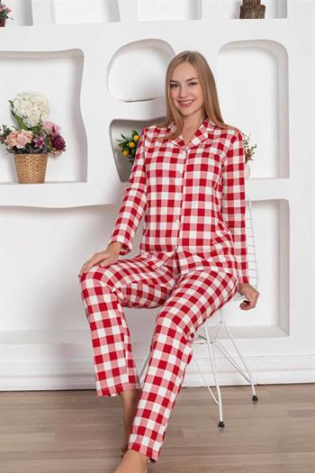 Ekoseli Önden Düğmeli Kadın Pijama Takımı - Kırmızı Uzun Kollu Penye 2793UY