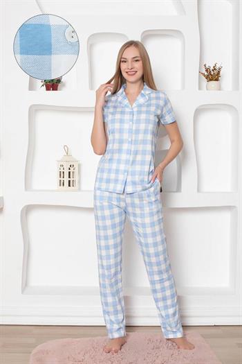 Ekoseli Önden Düğmeli Kadın Pijama Takımı - Mavi Kısa Kollu Penye 2793KY