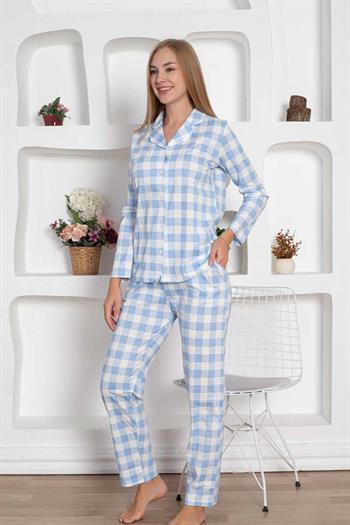 Ekoseli Önden Düğmeli Kadın Pijama Takımı - Mavi Uzun Kollu Penye 2793UY