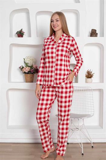 Ekoseli Önden Düğmeli Kadın Pijama Takımı - Kırmızı Uzun Kollu Penye 2793UY