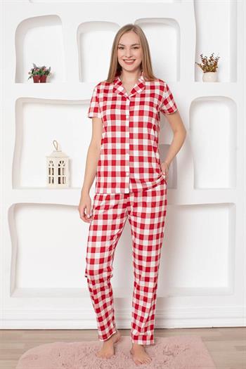 Ekoseli Önden Düğmeli Kadın Pijama Takımı - Kırmızı Kısa Kollu Penye 2793KY