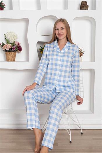 Ekoseli Önden Düğmeli Kadın Pijama Takımı - Mavi Uzun Kollu Penye 2793UY