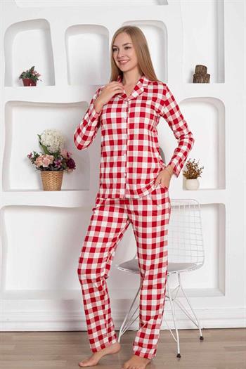Ekoseli Önden Düğmeli Kadın Pijama Takımı - Kırmızı Uzun Kollu Penye 2793UY