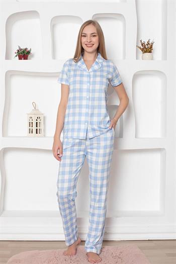 Ekoseli Önden Düğmeli Kadın Pijama Takımı - Mavi Kısa Kollu Penye 2793KY