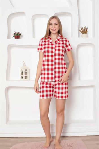 Ekoseli Önden Düğmeli Kadın Şort Takımı - Kırmızı Uzun Kollu Penye 2793ŞT