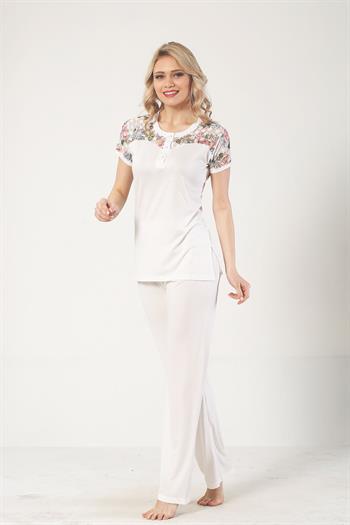 Ekru Dantel Sabahlıklı Kutulu Kadın Pijama Takımı 2329