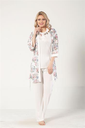 Ekru Dantel Sabahlıklı Kutulu Kadın Pijama Takımı 2329