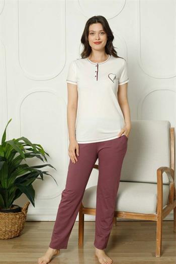 Ekru Üç Düğmeli Nakışlı Bayan Pijama Takımı 2790KY