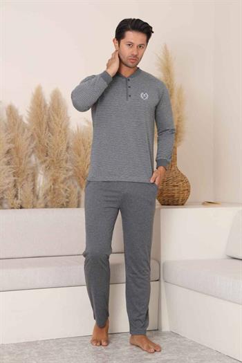 Erkek Pijama Takımı - Antrasit Çizgili Arma Nakışlı Likralı Uzun Kollu Penye 1219UY