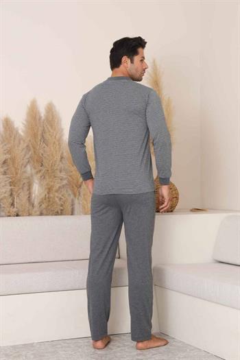 Erkek Pijama Takımı - Antrasit Çizgili Arma Nakışlı Likralı Uzun Kollu Penye 1219UY