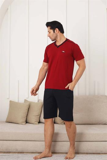Erkek Pijama Takımı - Bordo Arma Nakışlı Likralı V Yaka Şort Takım 1212ŞT