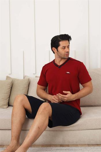 Erkek Pijama Takımı - Bordo Arma Nakışlı Likralı V Yaka Şort Takım 1212ŞT