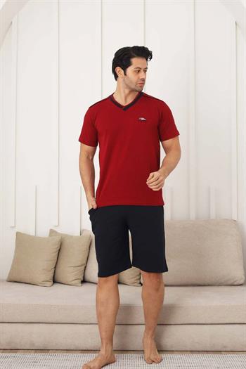 Erkek Pijama Takımı - Bordo Arma Nakışlı Likralı V Yaka Şort Takım 1212ŞT