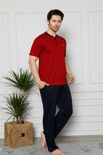 Erkek Pijama Takımı - Bordo Arma Nakışlı Likralı Kısa Kollu Penye 1129KY