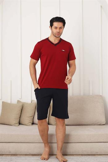 Erkek Pijama Takımı - Bordo Arma Nakışlı Likralı V Yaka Şort Takım 1212ŞT