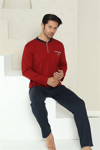 Erkek Pijama Takımı - Bordo Arma Nakışlı Likralı Uzun Kollu Penye 1194UY