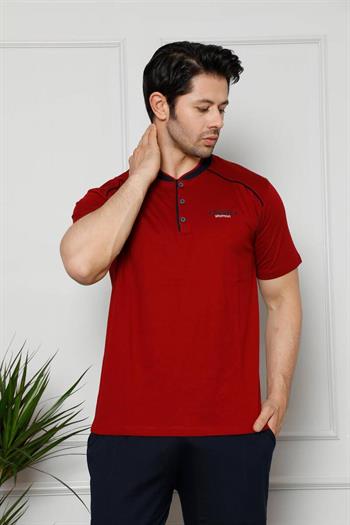 Erkek Pijama Takımı - Bordo Arma Nakışlı Likralı Kısa Kollu Penye 1129KY