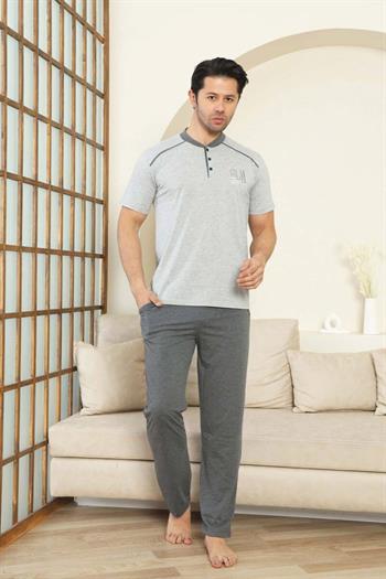 Erkek Pijama Takımı - Gri Arma Nakışlı Kısa Kollu Penye 1187KY