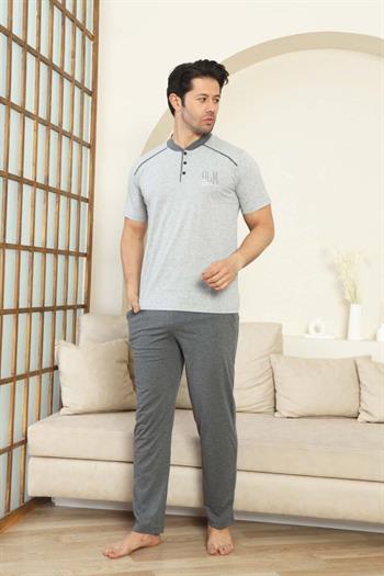 Erkek Pijama Takımı - Gri Arma Nakışlı Kısa Kollu Penye 1187KY