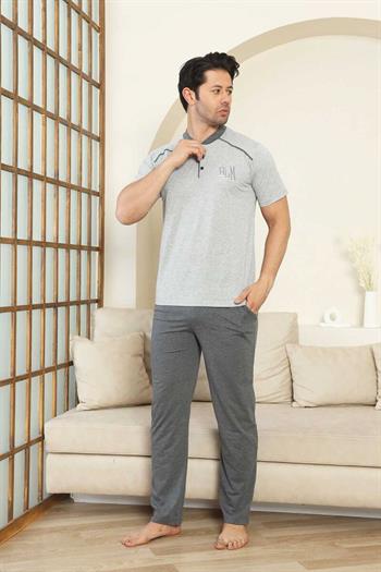 Erkek Pijama Takımı - Gri Arma Nakışlı Kısa Kollu Penye 1187KY