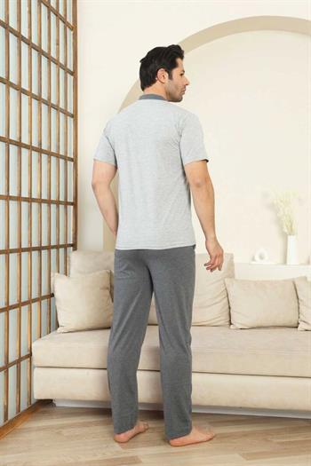 Erkek Pijama Takımı - Gri Arma Nakışlı Kısa Kollu Penye 1187KY