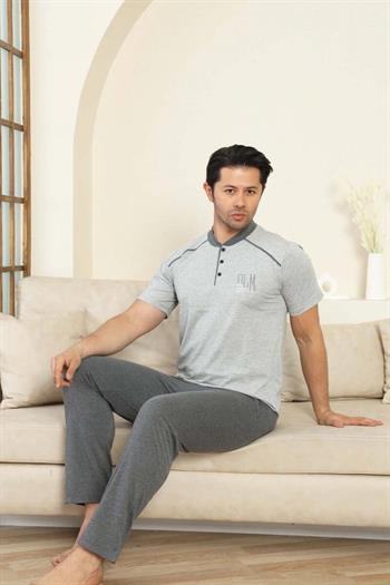 Erkek Pijama Takımı - Gri Arma Nakışlı Kısa Kollu Penye 1187KY